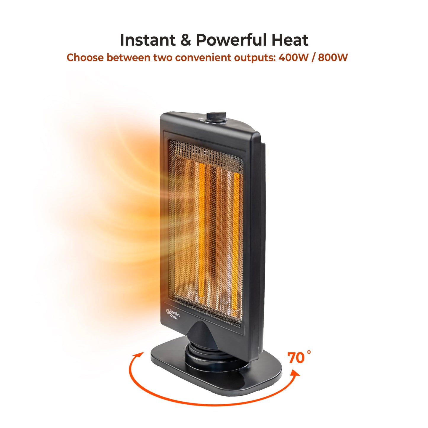 Comfort Zone Oscillating Portable Space Heater, Flat Panel, Halogen, Infrared, Electric, Adjustable Tilt, Overheat Sensor, Stay-Cool, & Tip-Over Switch, Ideal for Home, Bedroom, & Office, 800W, CZHTV9