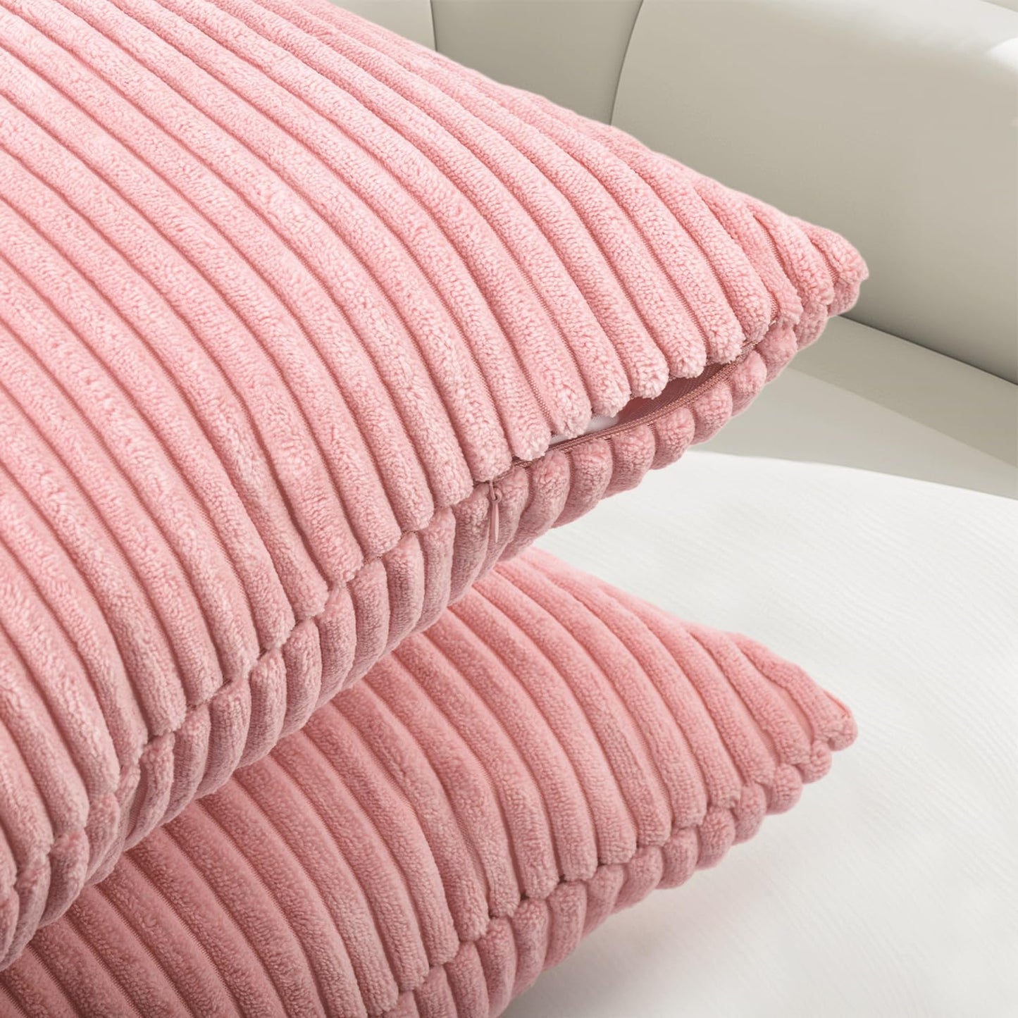 Pack of 2 Sakura Pink Corduroy Decorative Throw Pillow Covers 18x18 Inch Striped Spring Cushion Covers Cozy Boho Pillowcase Farmhouse Home Decor Soft Accent Cushion Case for Couch Sofa Bed 45x45 cm
