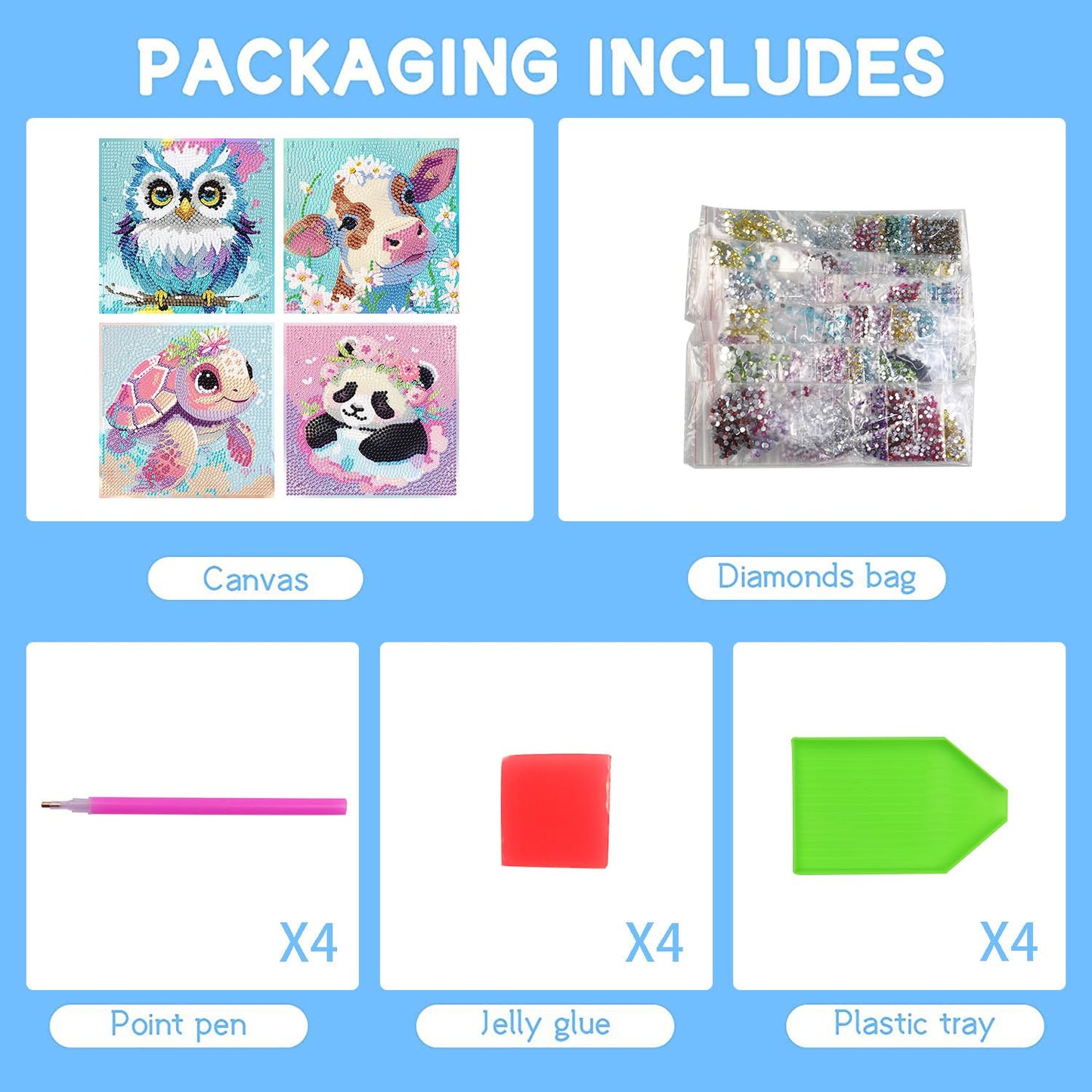 FQOVKYN 4 Packs 5D Cartoon Diamond Art Kits for Kids, Cute Animals DIY Diamond Arts Mosaic Kits for Adults Beginner, Full Round Drill Gem Art for Home Wall Decor Kids Present 6X6 inch