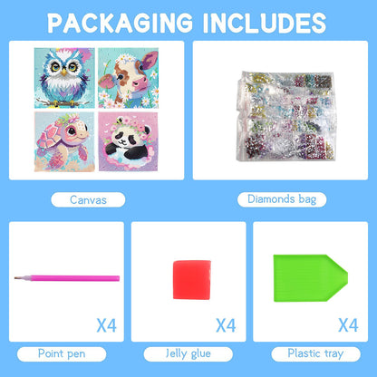FQOVKYN 4 Packs 5D Cartoon Diamond Art Kits for Kids, Cute Animals DIY Diamond Arts Mosaic Kits for Adults Beginner, Full Round Drill Gem Art for Home Wall Decor Kids Present 6X6 inch