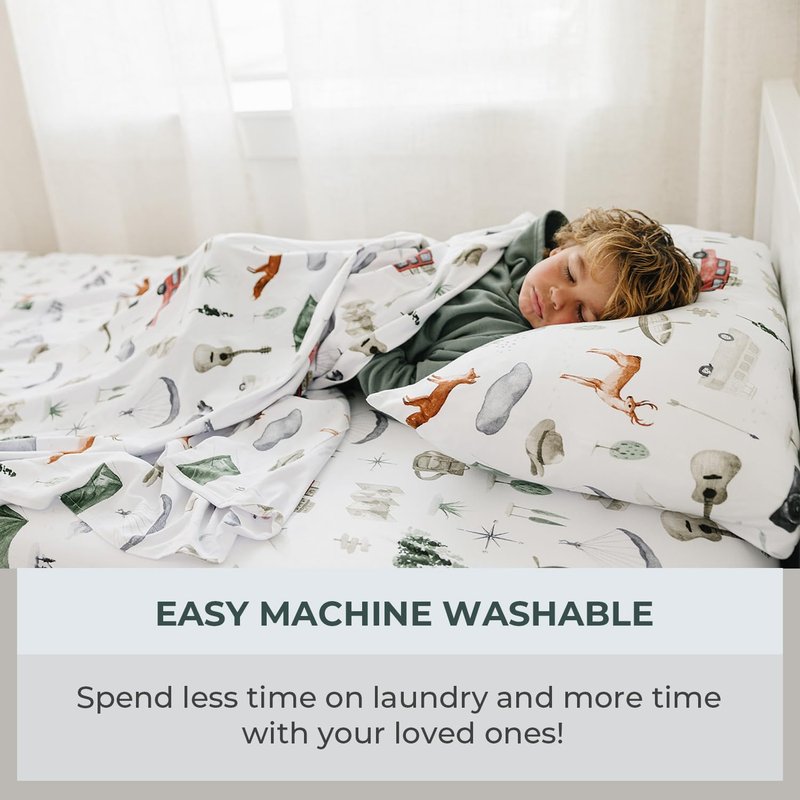 Pobibaby Premium Twin Full Sheets Sets, Kids Double Bed Sheets in Cotton Blend | Ultra-Soft Woodland Camping Print with Fitted Sheet, Flat Sheet & Pillowcases (Twin Explore)