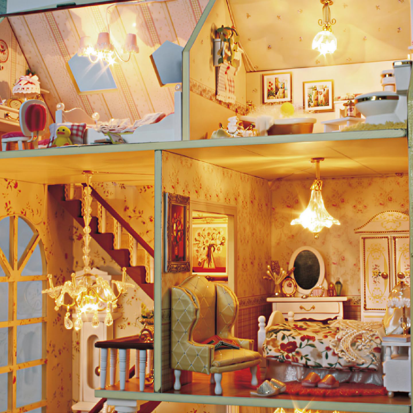 CUTEROOM Upgraded Large Villa Wooden Dollhouse,18.9 Inch Miniature DIY Doll House with Furniture Accessories- Fairy Tale Home, Ideal Gift for Ages 14+