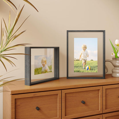 Egofine 11x14 Floating Frames Set of 2, Double Plexiglass Picture Frame, Made of Solid Wood Display Any Size Photo up to 11x14, Wall Mount or Tabletop Standing, Faded Black