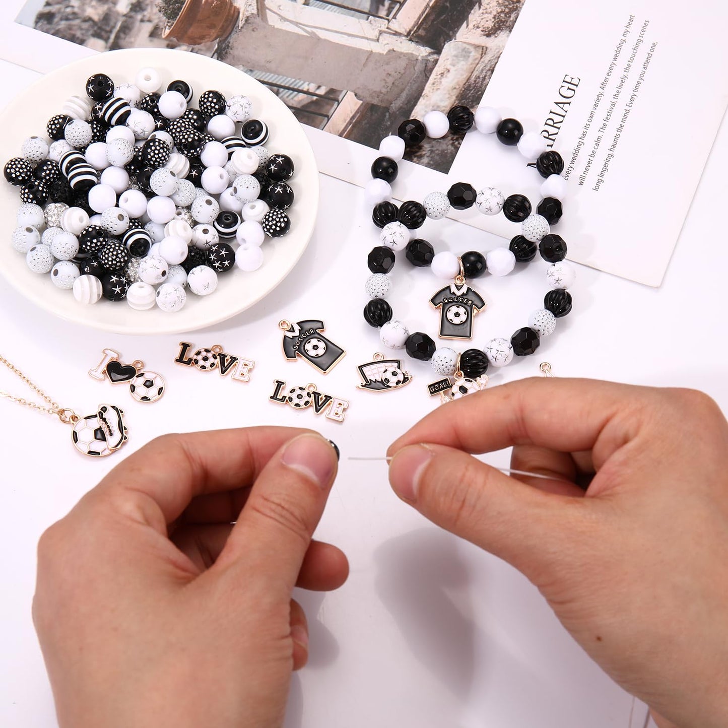 2500PCS+ Soccer Beads Charms for Bracelet Making Black White Acrylic Crystal Heishi Clay Beads Enamel Soccer Ball Jersey Charms for Game Day Bracelet Necklace Earrings Making DIY Crafts (Black White)