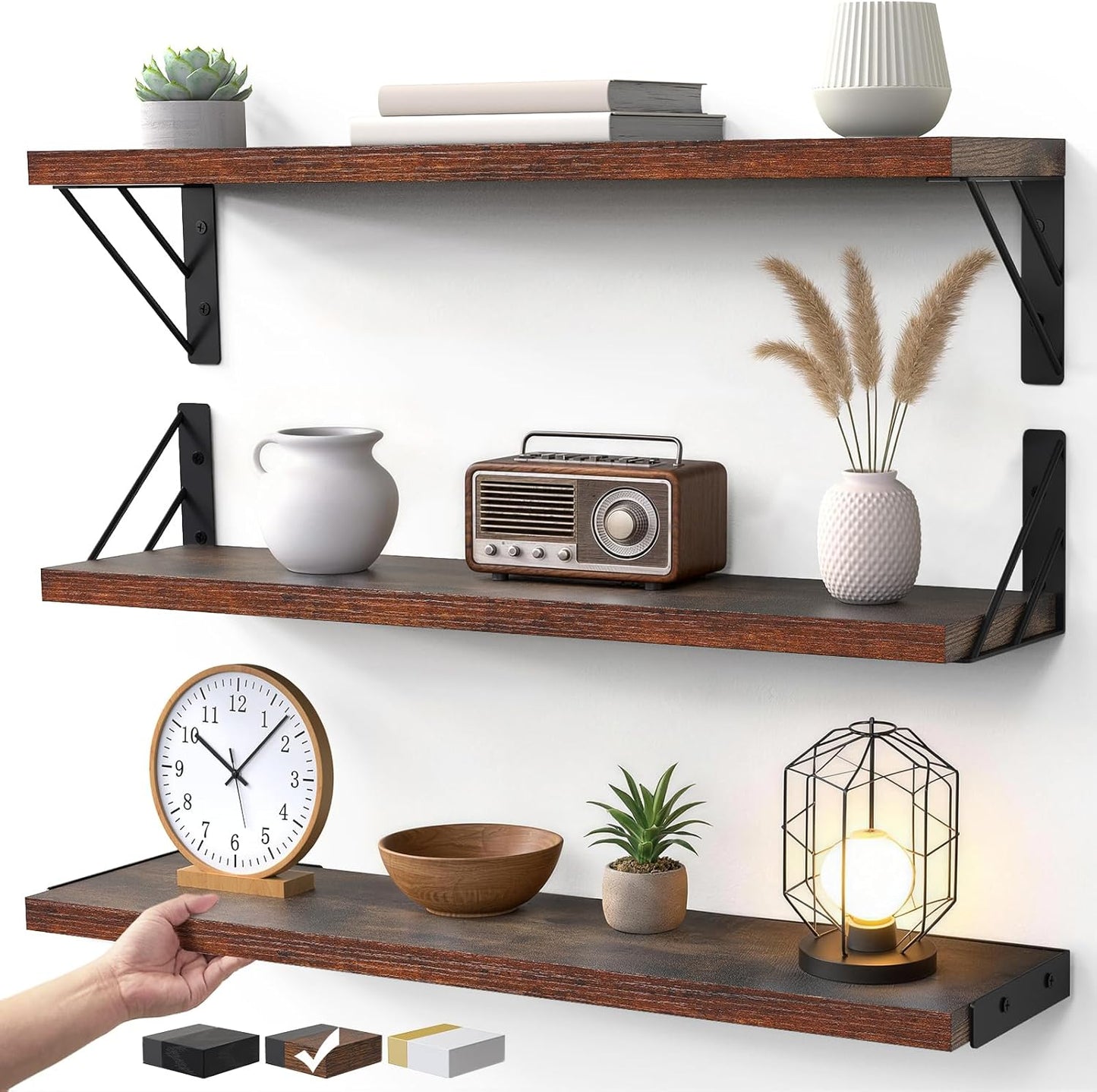 23-in BAYKA Floating Wall Shelves, Rustic Wood Wall Shelves for Bedroom, Bathroom, Kitchen & Living Room, Display Shelf