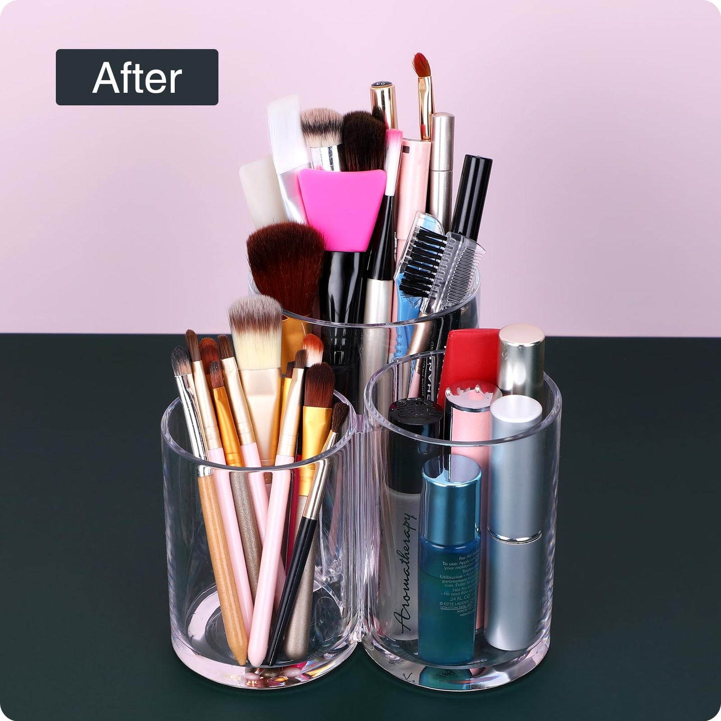 MOSIKER Makeup Brush Holder,Acrylic Clear Round Remote Control Pen Pencil Hair Nail Brush Comb Organizer with 3 Slots