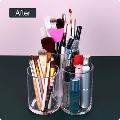 MOSIKER Makeup Brush Holder,Acrylic Clear Round Remote Control Pen Pencil Hair Nail Brush Comb Organizer with 3 Slots