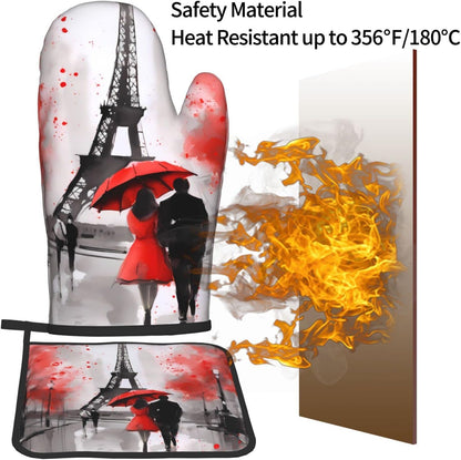 Oven Mitt and Pot Holders 2 Sets, Non-Slip BBQ Gloves with Eiffel Tower Flower Kitchen Design