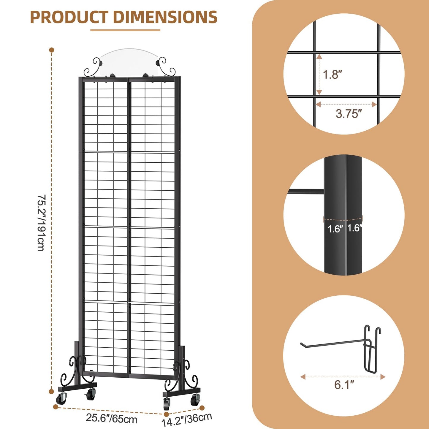 Urban Deco Grid Wall Panel Display Stand, 2.2' x 6.2' FT Gridwall Panel with Extra 8 Hooks, Craft Show Display Rack Black Metal Grids Standing Wire Rack for Retail Merchandise