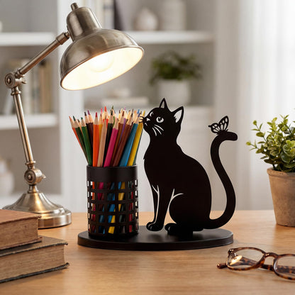 Tandefio Cat Pen Holder for Desk Cute Black Pencil Holder Metal Desk Accessories Organizer Makeup Brush Pen Cups for Back to School Stationery Office Home Decor Table Centerpiece Lover Gifts Women