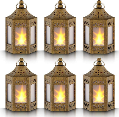 Mini Star Lantern with Flickering LED - Set of 6 Copper Brushed Decorative Hanging Light for Indoor Use