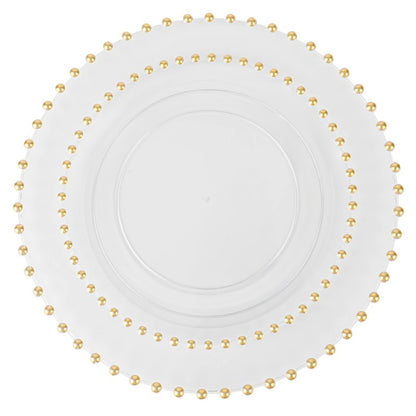 PLASTICPRO 32 Piece Combo Plastic Dinner Plates Disposable Plastic Fancy Heavy Duty Party Dishes 7 inch and 10 inch, Clear and Gold Beaded