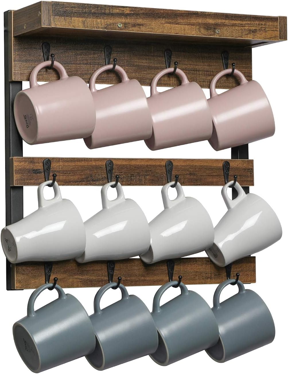 12 OROPY Coffee Mug Rack Wall Mounted, Rustic Wood Cups Rack with Hooks and Storage Shelf, for Home Kitchen Display