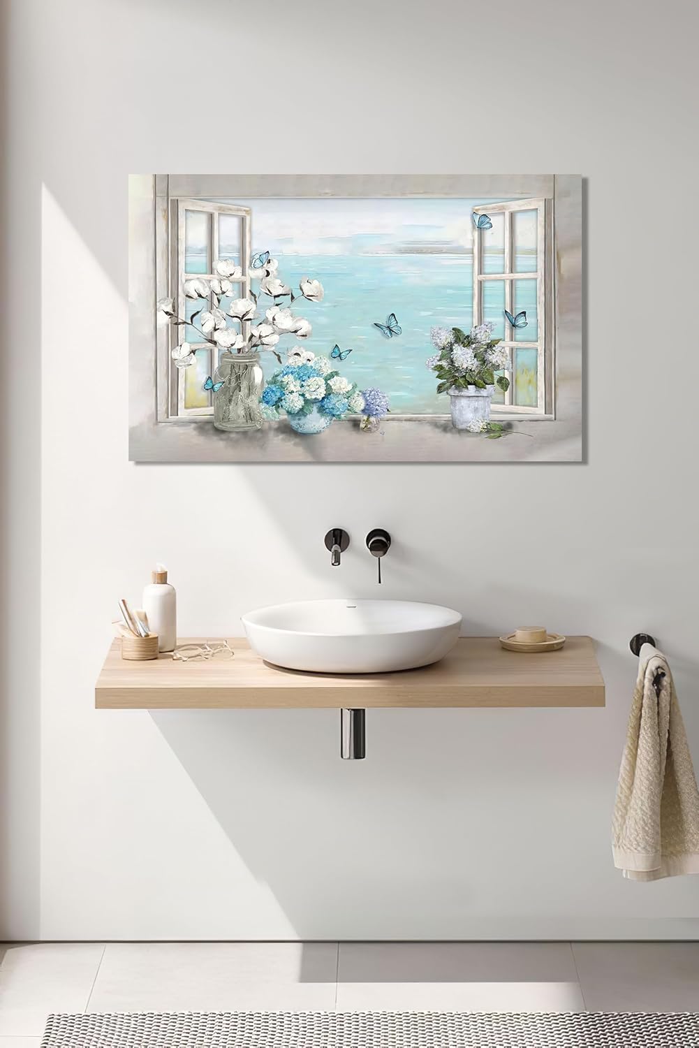 Cotton Hydrangea Bathroom Wall Art - Farmhouse Flower Butterfly Pictures, Framed Artwork for Bathroom
