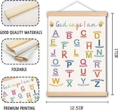 DNEULYR 12x16 Inches God Says I am Alphabet Christian Wall Art Poster for Kids, Bible Verse Affirmations Poster Hanger