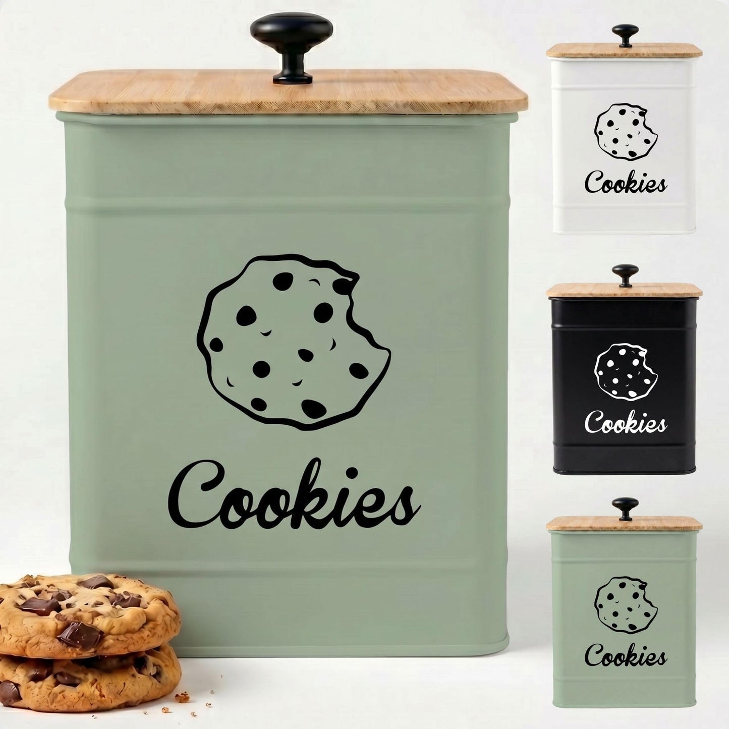 Cookie Jar with Airtight Lid - 1 Gallon - 6"D x 8"H Green Iron Cookie Tin with Bamboo Lid - Large Cookie Jars with Lids Airtight - Farmhouse Cookie Jars for Kitchen Counter Decorative - Cookies Jar