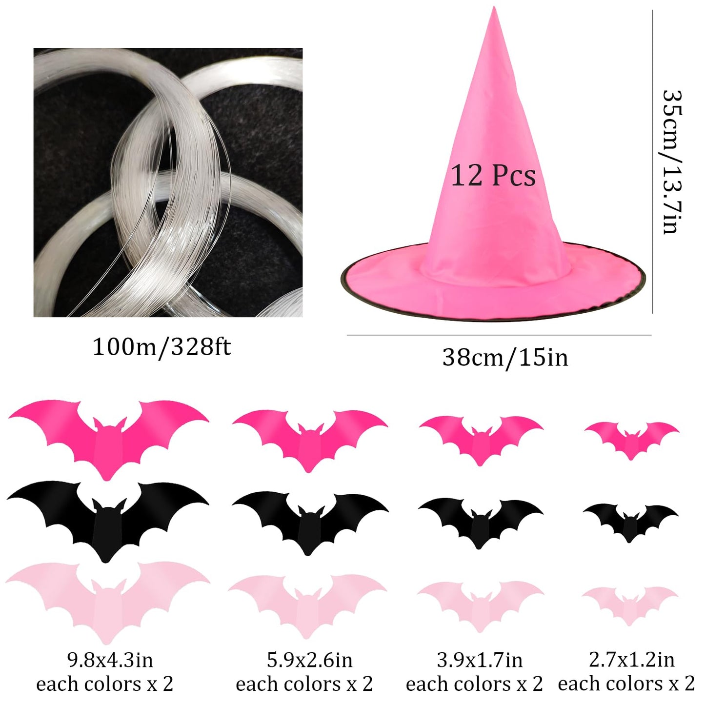Cmaone 12 Pcs Pink Witch Hat with 109 Yards Hanging Rope 24 Pcs 3D Bat Stickers Black Pink Scary Halloween Hanging Decoration for Witch and Princess Theme Party
