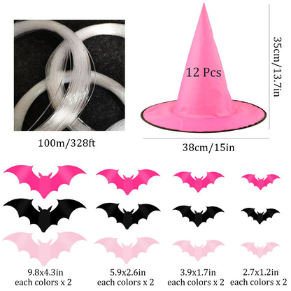 Cmaone 12 Pcs Pink Witch Hat with 109 Yards Hanging Rope 24 Pcs 3D Bat Stickers Black Pink Scary Halloween Hanging Decoration for Witch and Princess Theme Party