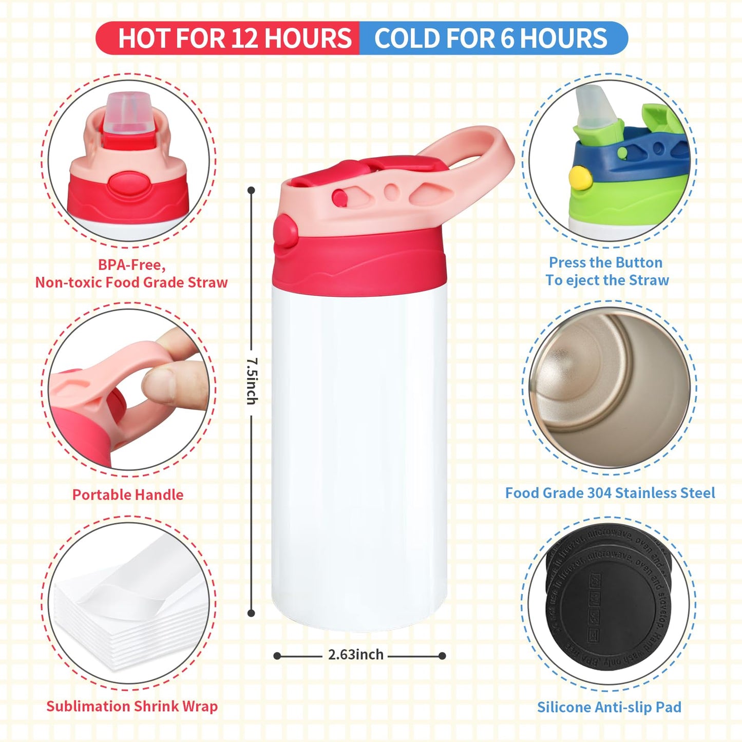Gekestory 6 PACK Kids Sublimation Tumblers, 12oz Blank Sippy Cups, Stainless Steel Sublimation Water Bottle Blanks for DIY Heat Press Print Crafting Gift (6pack)