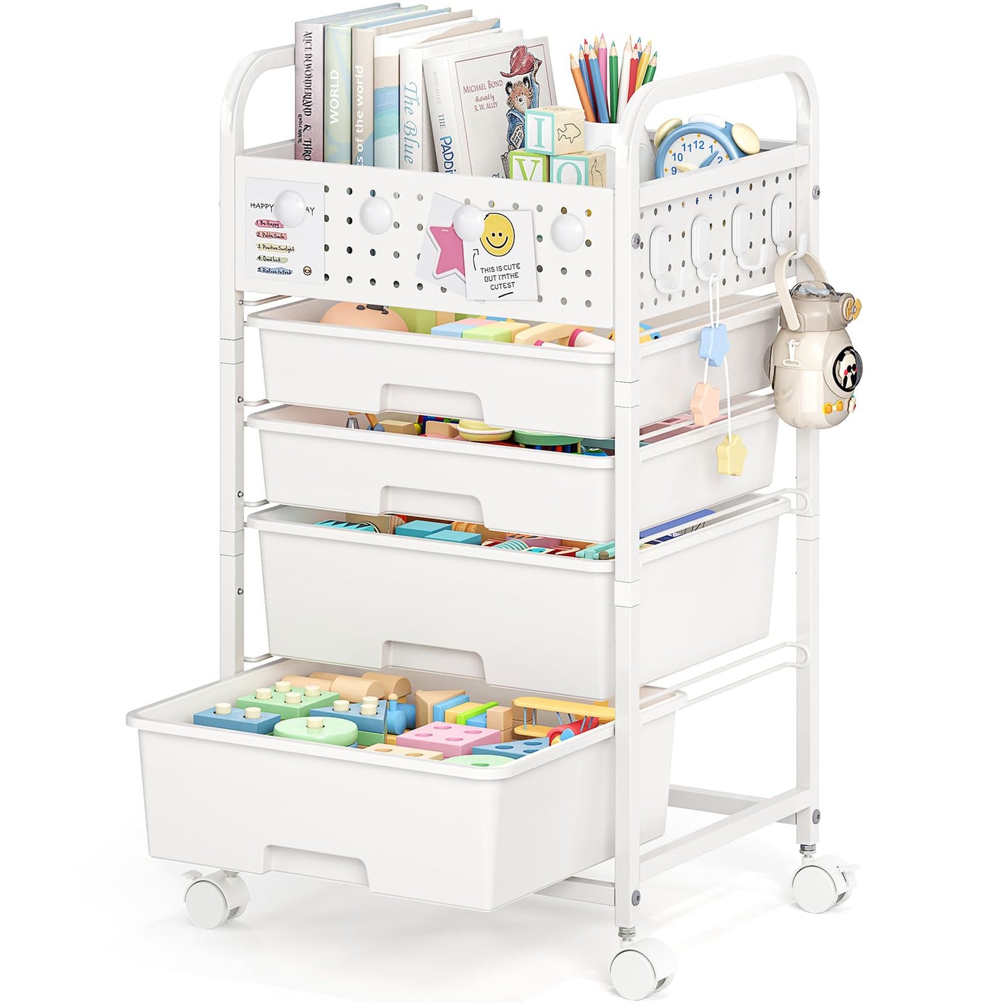 SYKIARIOL 4 Drawer Rolling Storage Cart with Pegboard Top and Hooks, Mobile Organizer Cart with Wheels for Office Supplies, Craft Storage, Classroom Organization, Home Utility Cart, White