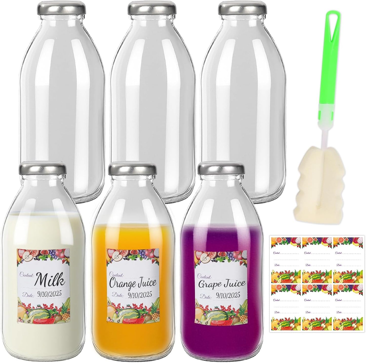 9 oz 6 Pack Glass Milk Bottles with Lids, Reusable Juice Bottle, Drinking Jars Container for Homemade Juicing