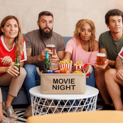 Gandeer Large Movie Night Snack Basket with Handles Movie Night Snack Tray Reusable Burlap Storage Organizer for Theater Popcorn Bucket Bowl Box Container Family Film Holiday Parties(Khaki, Classic)