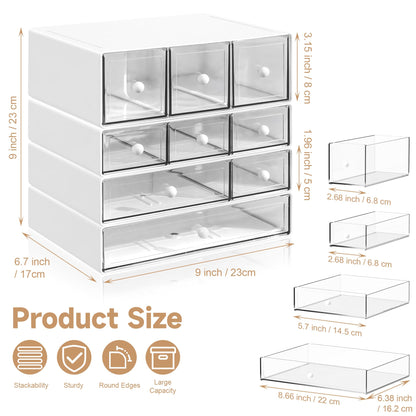 AZ. MIFENO Desk Organizer with 9 Drawers, 4 Tiers Stackable Storage Drawers, Desktop Storage Box with Clear Drawers for Stationery, Makeup, Jewelry, Office and Craft Supplies (White)