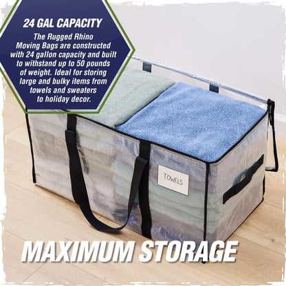 RUGGED RHINO Heavy Duty Extra Large Moving Bags - Durable Zipper & Strong Handles | Space-Saving Storage, Blue/Clear