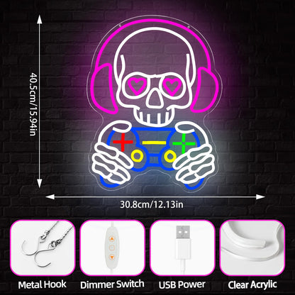 hhuohuona Skull Game Neon Sign Gaming Light Up Sign Dimmbale Skull Led Signs Skeleton Gamer Neon Lights for Man Cave Game Room Decor Gifts for Gamers Boys