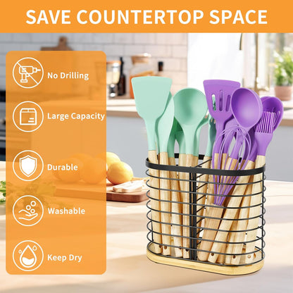 Large Utensil Holder for Kitchen Counter, 8.7" x 4.3" x 6.9", Wooden Base Matte Black Cooking Utensil Caddy