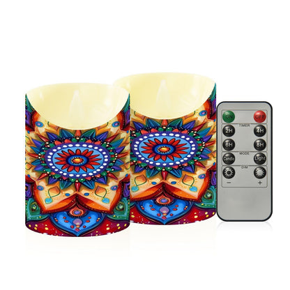 Gravopti Mandala Pattern 2 Pack Flameless LED Pillar Candles with Remote & Timer, Battery Operated, Flickering Wax Candle for Wedding, Romantic Home & Party Decor