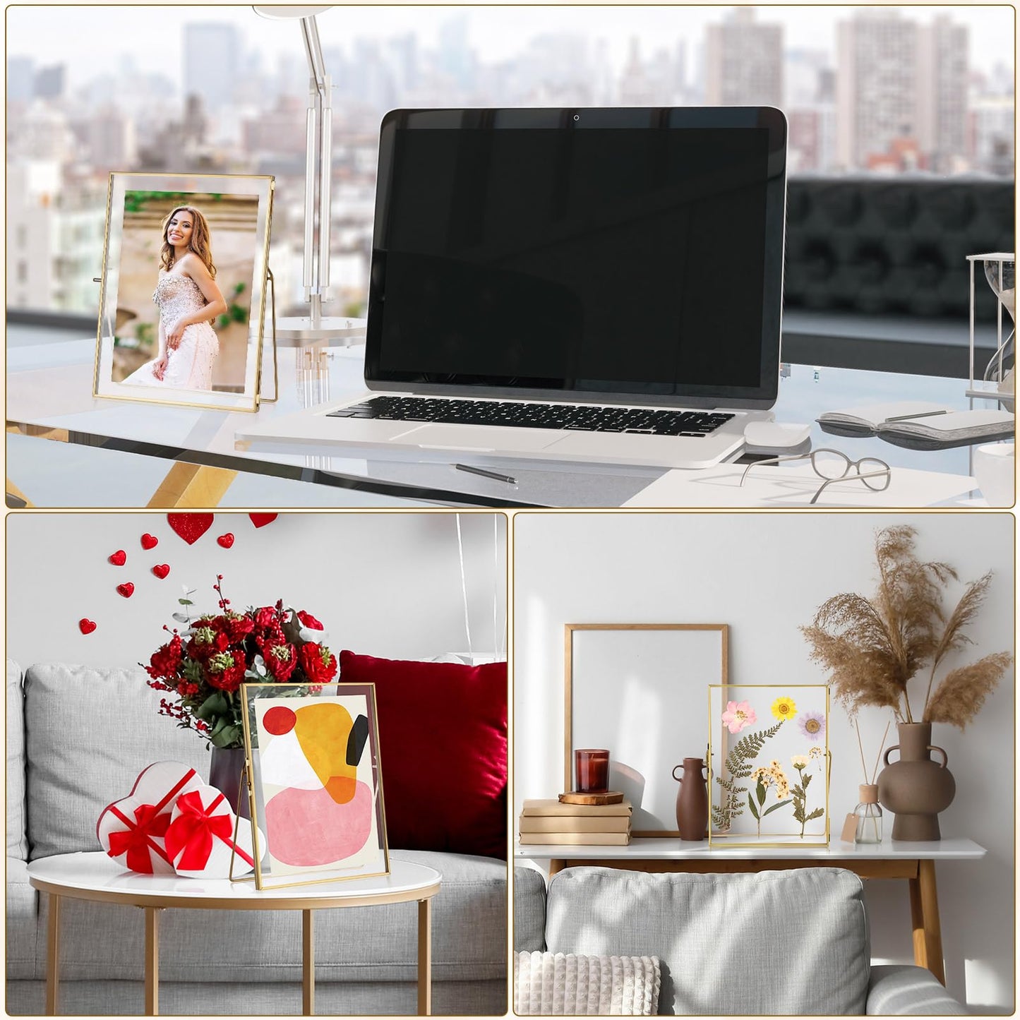 Vicenpal 3 Pack Glass Pressed Flower Frame Handmade, 6 x 8 Floating Picture Frames for Pressed Flowers, Brass Double Glass for Tabletop Display, Home Office Plant Specimen, Photos(Gold)