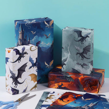 12 Sheets Magic Dragon Wrapping Papers, Cool Dragon Gift Wrap Papers with Castle Volcano, Fantasy Gift Packing Paper Art Paper for Boys Girls Birthday Baby Shower Magical Party Decor, 28 x 20IN