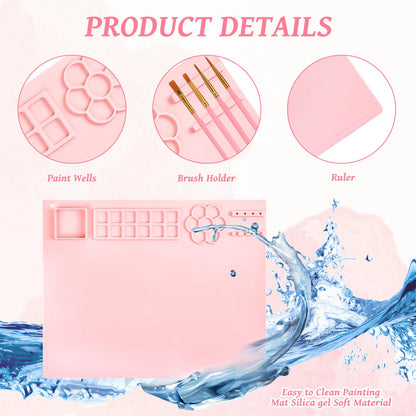 Painting Station, Silicone Painting Mat 20"X16" and Paint Brush Cleaner (Pre-Assembled), 10 Paint Brushes and Foldable Silicone Paint Brush Cleaner Bowl, for Artist Kids Adults Birthday Gifts (Pink)