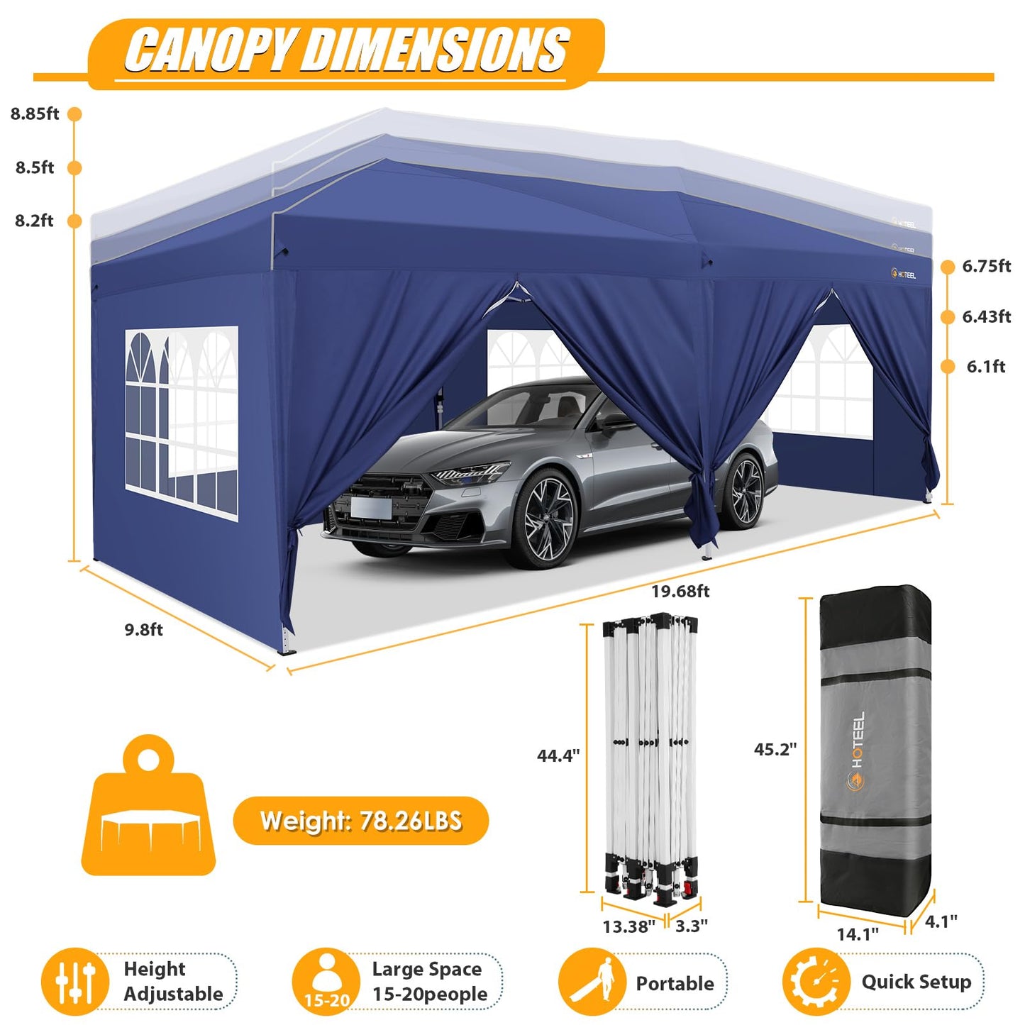 HOTEEL 10x20 Pop up Canopy Tent with Sidewalls, Outdoor Waterproof Tents for Parties with Center Lock, Sandbag, Easy Setup Event Tent Shelter with Reinforce Rod for Backyard, Camping, Market, Navy
