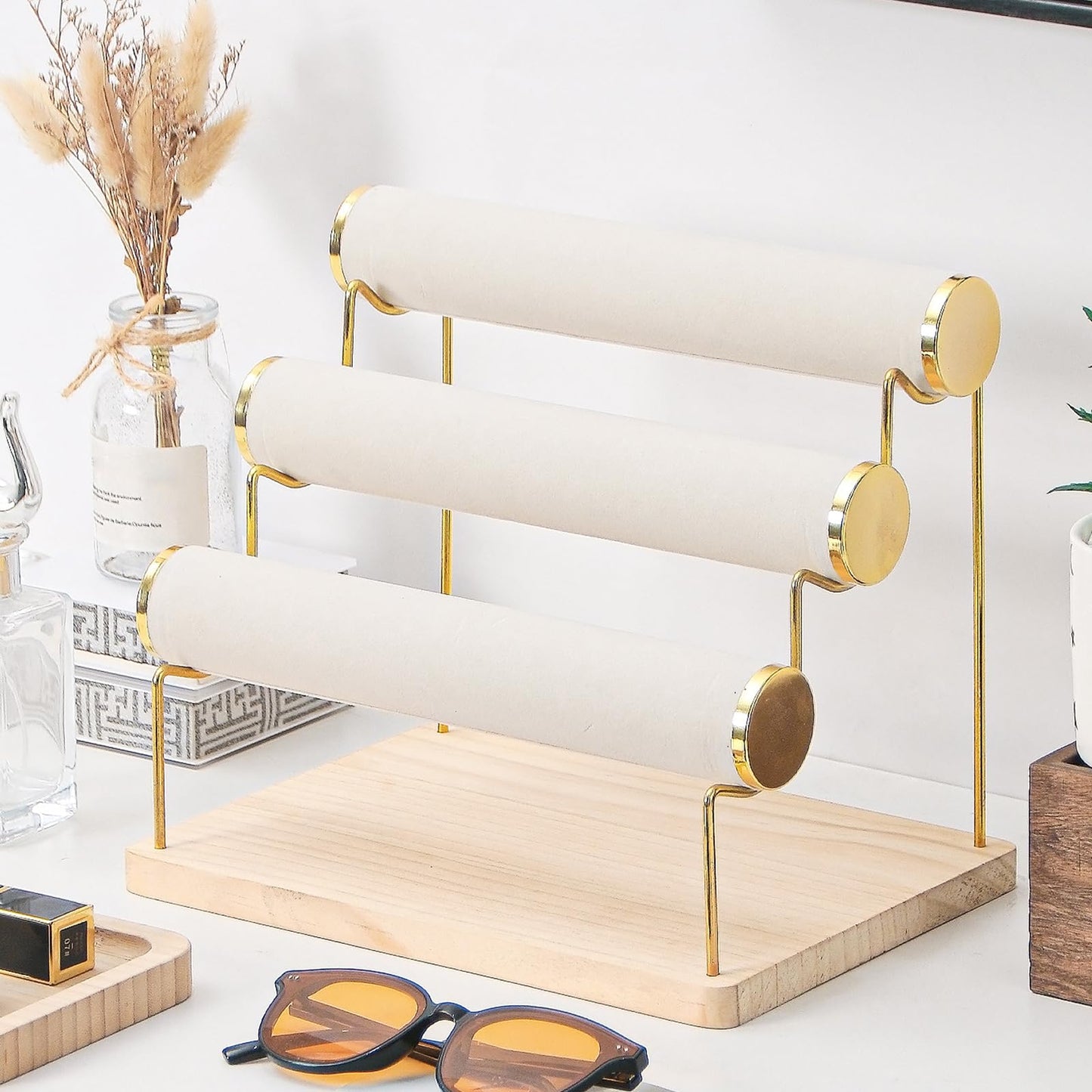 Pengup Bracelet Holder, Bracelet Displays for Vendors, 3 Tier Jewelry Organizer Stand for Selling, Jewelry Necklaces Storage Rack with Wood Base (Beige+Gold)