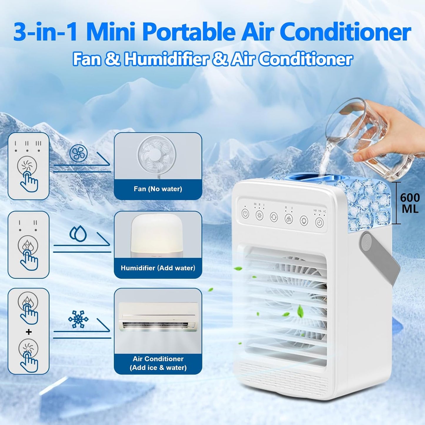 Portable Air Conditioners with 180° Oscillation, Mini AC Unit, 4 Wind Speeds, Large Water Tank for Room