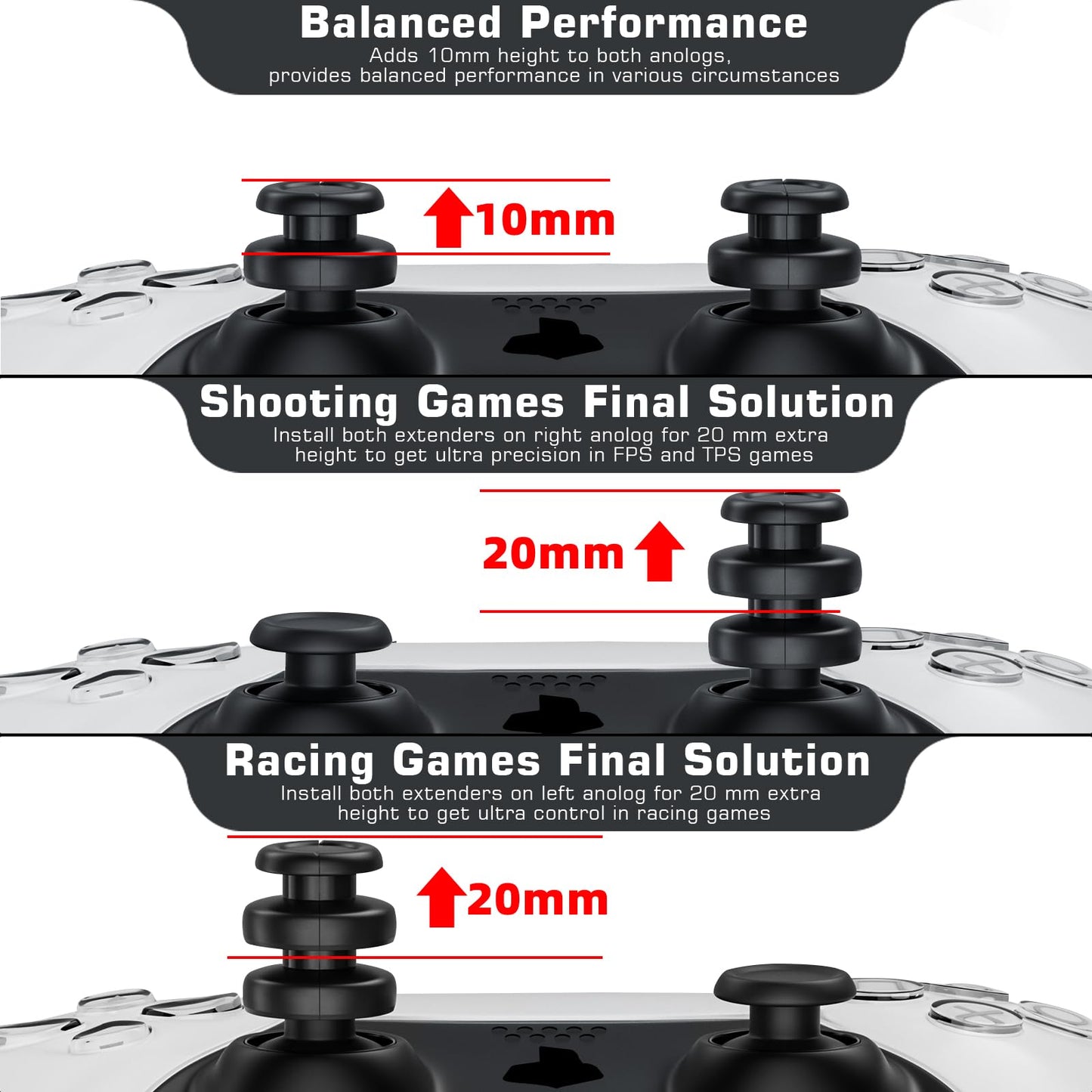 PlayRealm NO Falling Off Thumbstick Extender & Silicone Grip Cover 2 Sets for PS5 n PS4 Controller (Whirl Black)