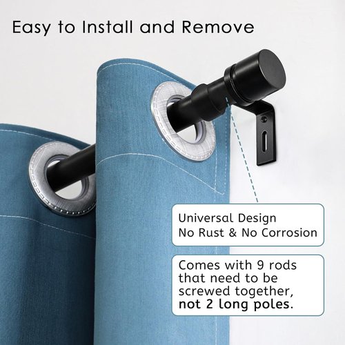 Byondeth Curtain Rods - Adjustable 16 to 144 Inches | 1 Inch Diameter | Black Aluminum Finials