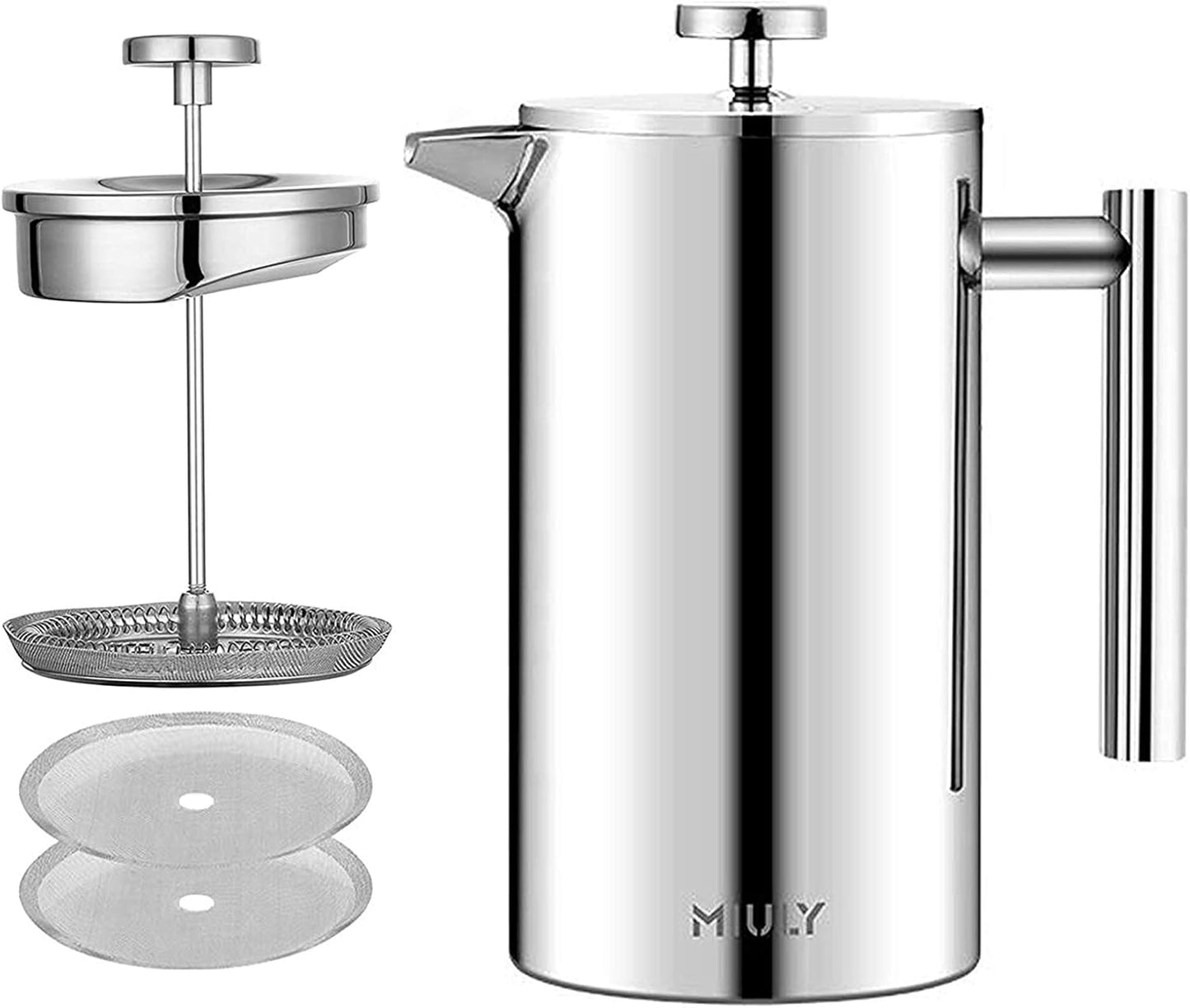 Small French Press Coffee Maker, 12OZ/350ML Stainless Steel Insulated Coffee Press with 2 Filters, 0.35 Liter (Silver)