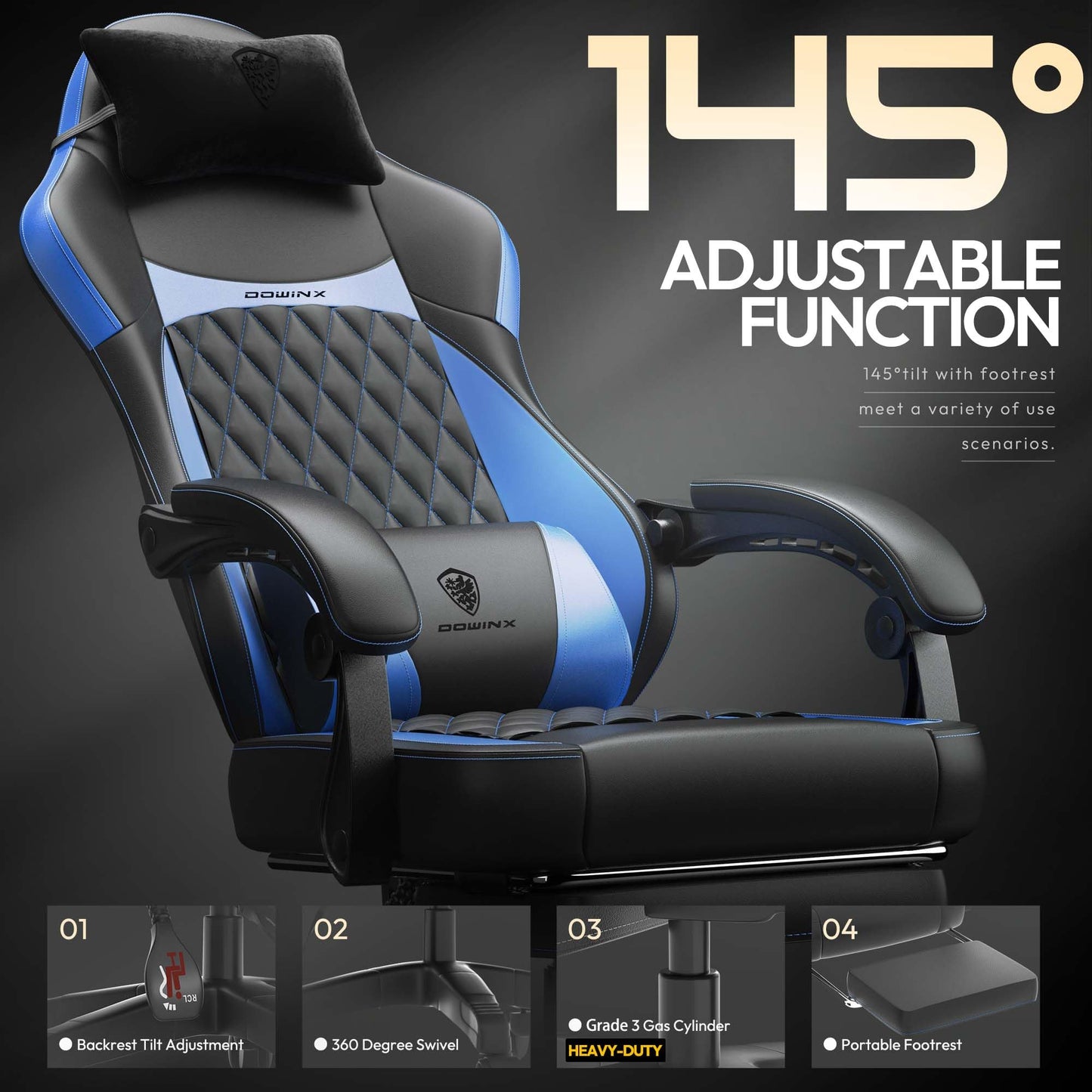 Dowinx Gaming Chair with Pocket Spring Cushion, Ergonomic Computer Chair with Massage Lumbar and Footrest for Adults, High Back Game Chair Leather for Office Gaming 300LBS, Blue New