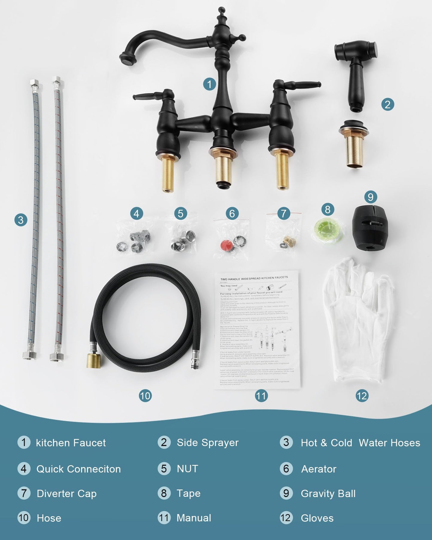 ALEASHA Bridge Centerset Kitchen Sink Faucet, Deck Mount Brass Kitchen Faucet with Side Sprayer, 2 Handle 4 Hole 360° Swivel Vintage Farmhouse Copper Faucet, Matte Black