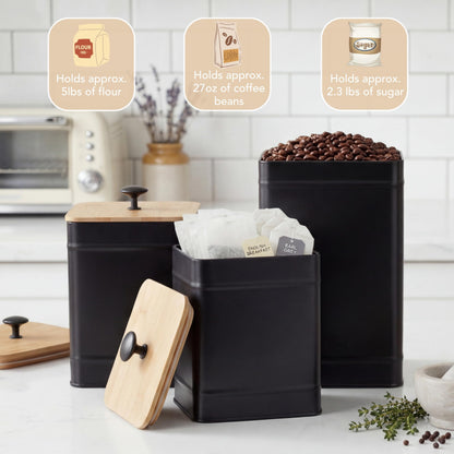 PERFNIQUE Kitchen Canisters for Countertop Set of 3, Airtight Canisters Sets for the Kitchen Counter with Lid, Metal Farmhouse Food Storage Containers Jars for Flour Sugar Coffee Tea Spice (Black)