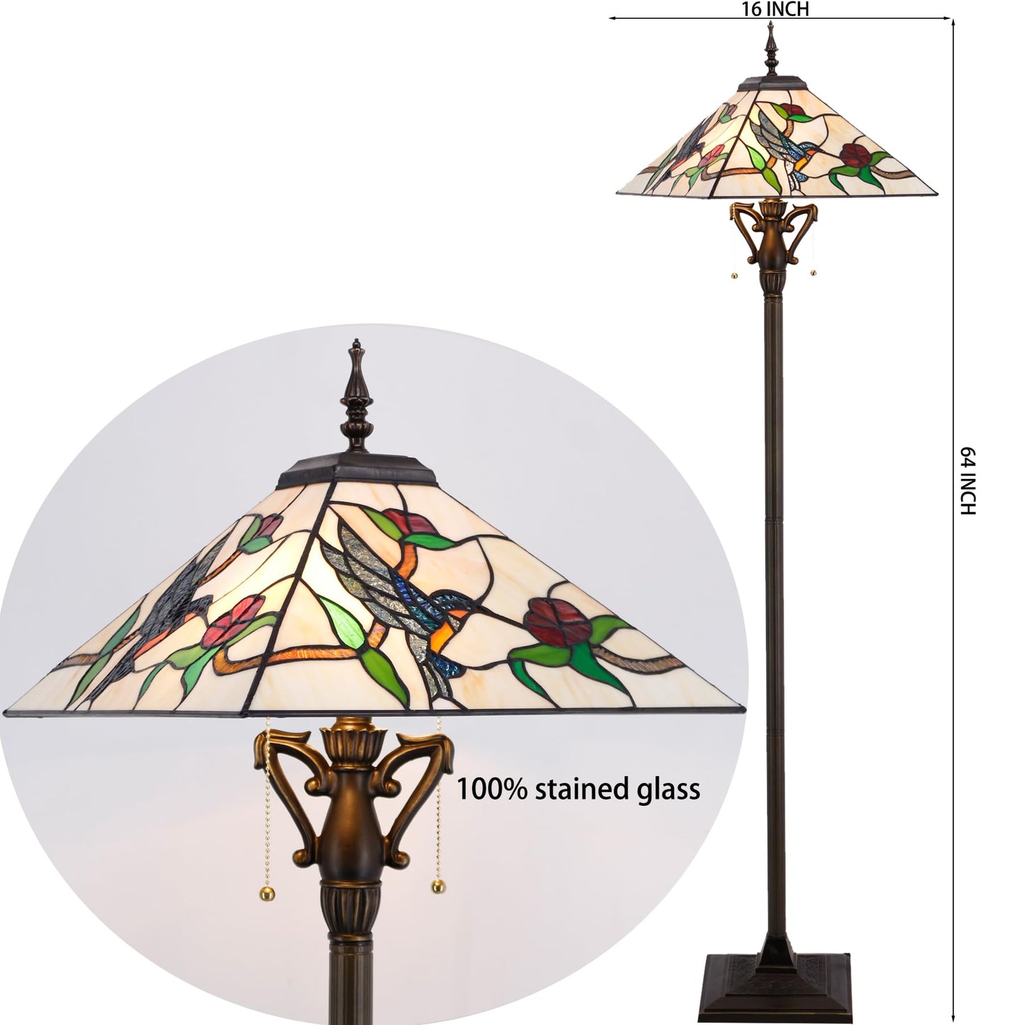 AVIVADIRECT Tiffany Floor Lamp Amber Hummingbird Mission Style Stained Glass Standing Reading Light 16X16X64 Inch
