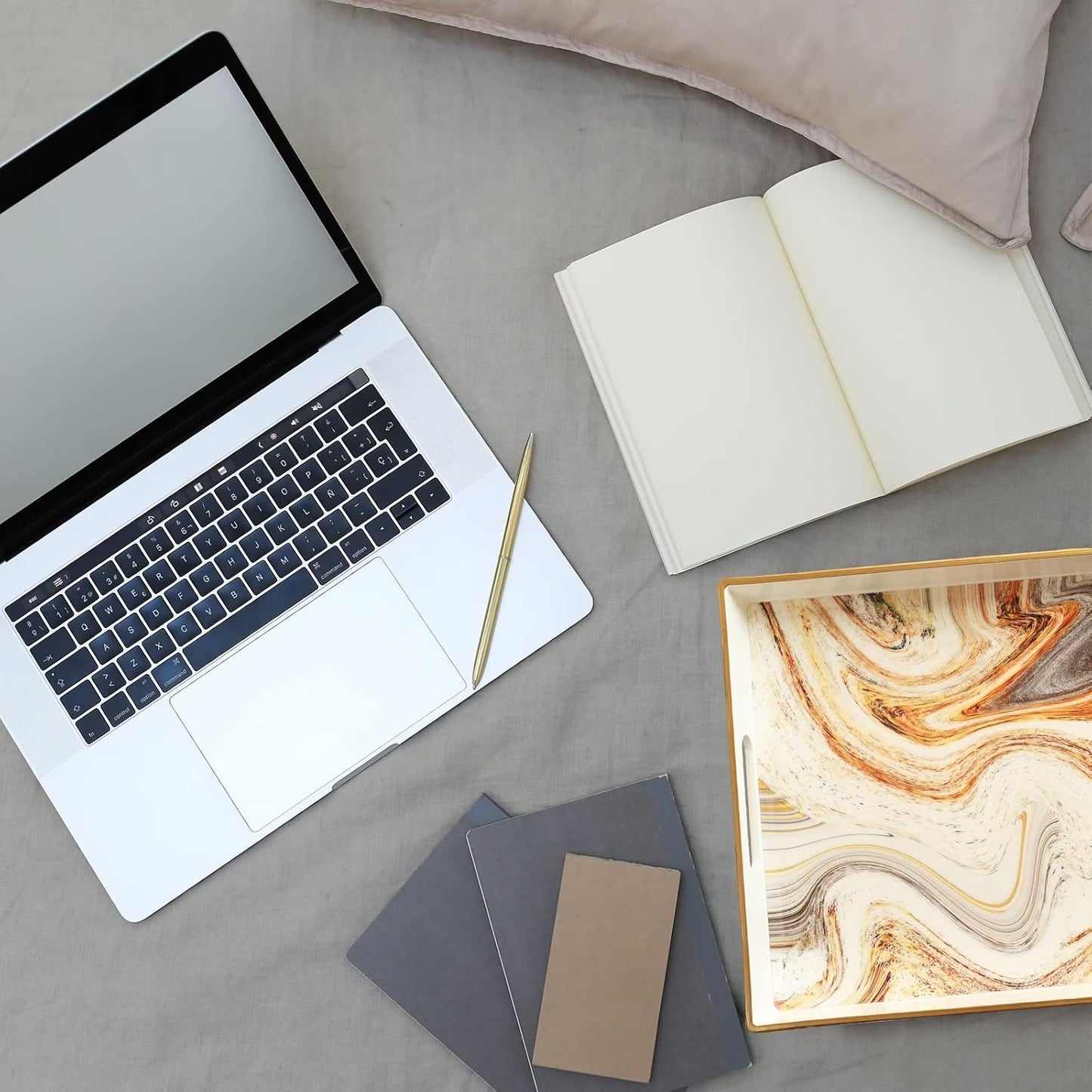 15.7"* 10.2"* 1.38" White Marbling Decorative Tray with Handles, Morden Plastic Rectangular Serving Tray for Coffee