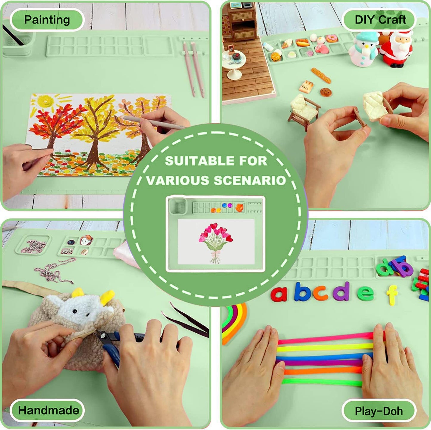 SOQKEEN Silicone Painting Mat 20"x16" Paint Mats with Cup Collapsible Non-Stick Craft Mat Playdough Beading Matt for Resin Coloring Drawing Art Crafting Doh Handmade DIY (Green)