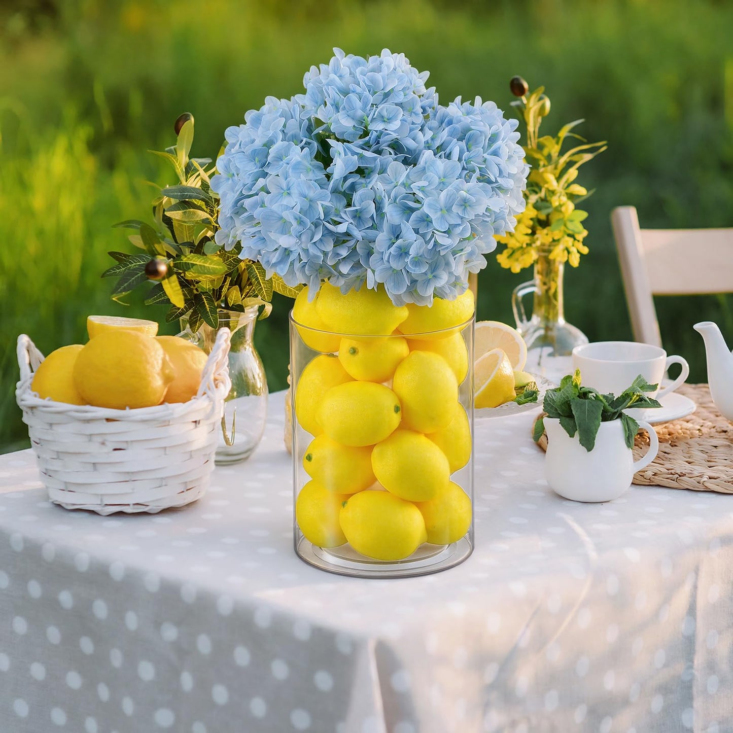 Suncalla 25 Pcs Lemon Vase Filler Decorations Kit, Artificial Lemon Blue Hydrangea Table Centerpiece, Long Stem Floral Decor for Farmhouse Home Kitchen Wedding Spring Summer Decoration