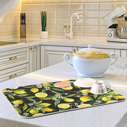 ALAZA Yellow Lemon on Black Dish Drying Mat, Absorbent Microfiber Large Drying Pad for Kitchen Counter