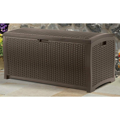 Suncast 99 Gallon Plastic Wicker Deck Box Container Storage for Garden, Garage, Home, Pool, Indoor and Outdoor Use, Mocha (2 Pack)