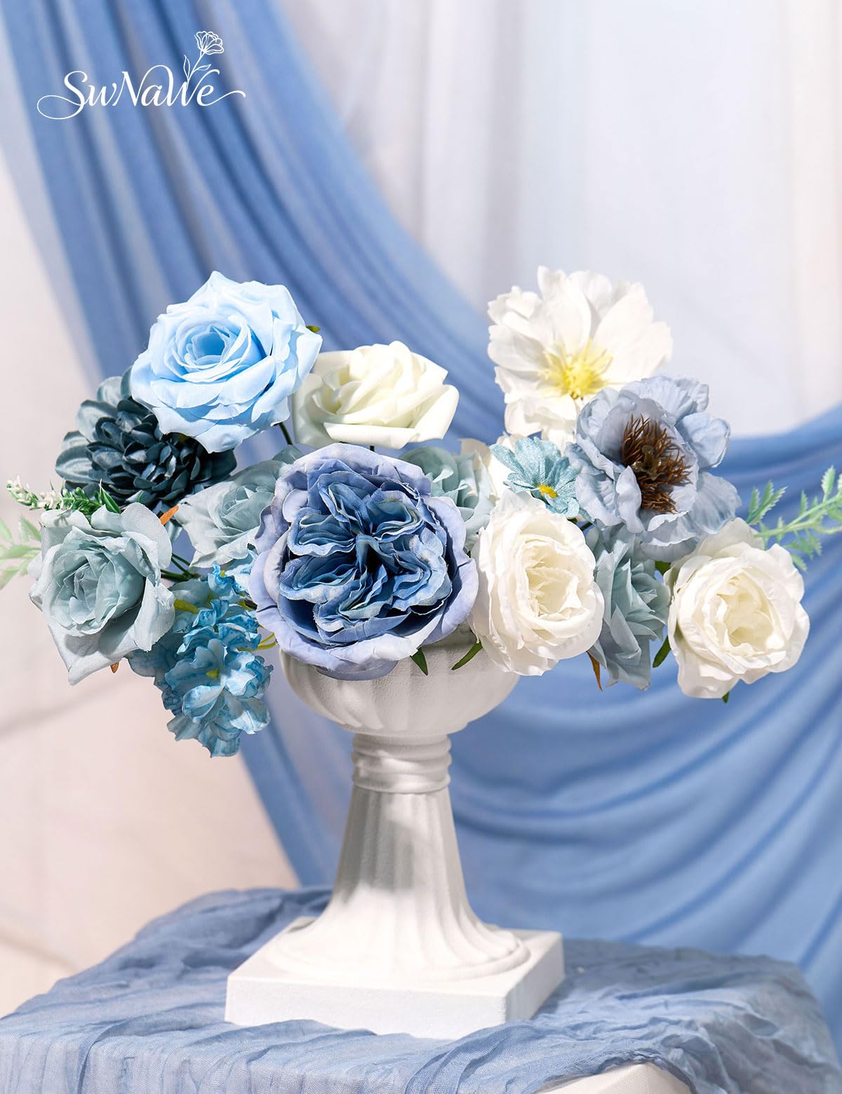 SWNAWE Light Blue Flowers Artificial Roses Combo Set Fake Blue Silk Flowers Faux Peony Flowers Mix Hydrangea Dahlia with Stems for Wedding Bouquets Baby Bridal Shower Party Floral Arrangements Decor